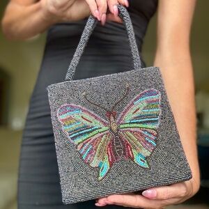 Beaded Butterfly Mini Bag - Multicolor on Black